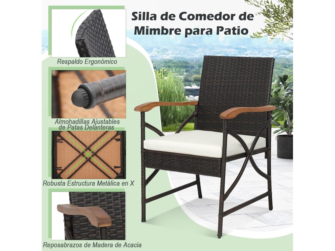 2 Silla Jardin Exterior con Cojín Suave con Cremallera, Marco de Metal Resistente, Sillas Terraza Mimbre
