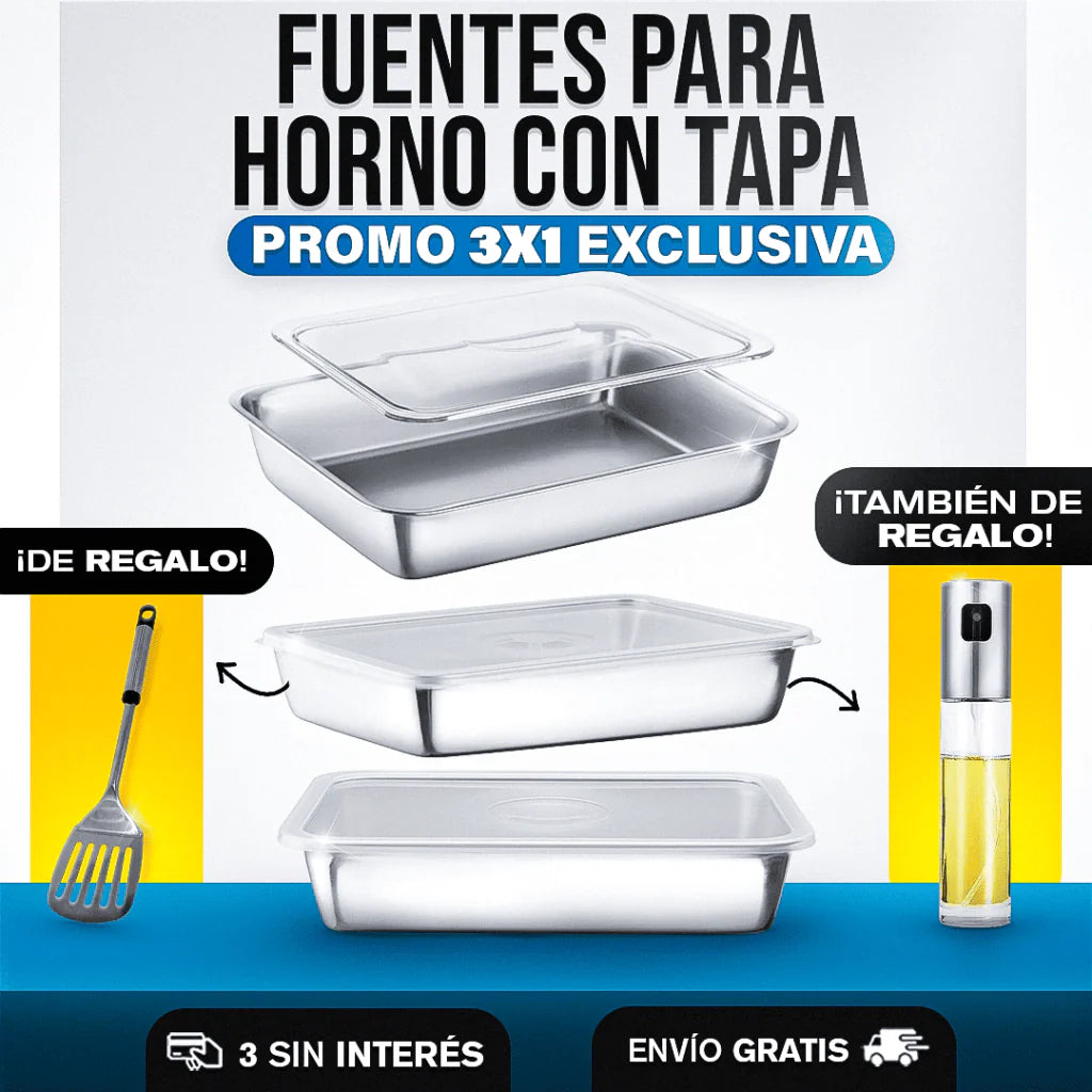 Promo 3x1 Fuentes para Horno con Tapa + Rociador y Espátula de Regalo