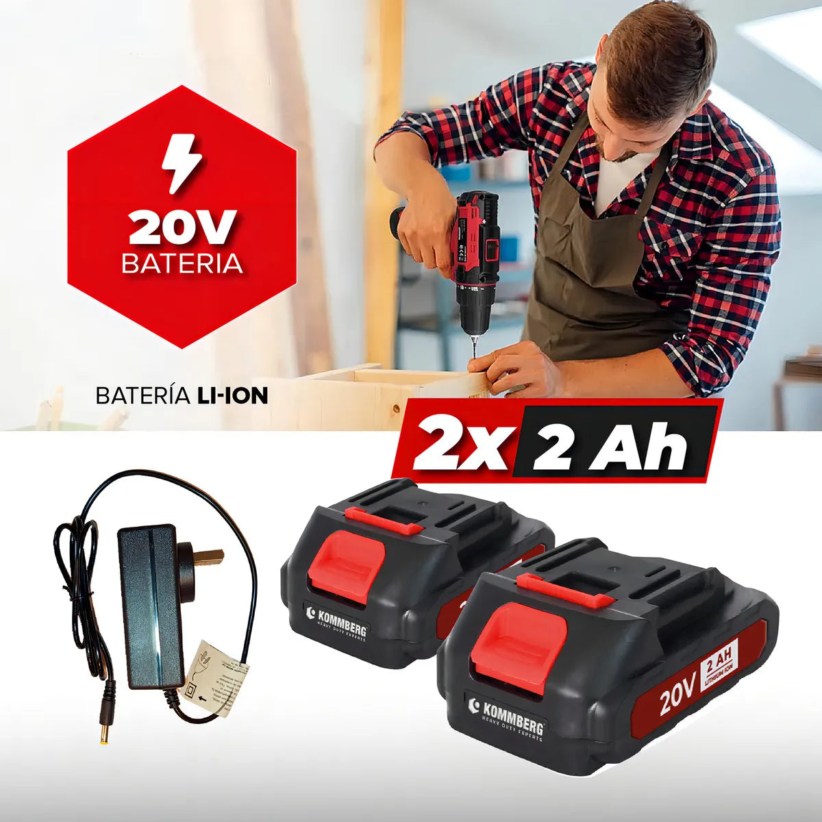 Taladro Percutor + 2 Baterias 20v Kommberg 13mm Maletin 2 Baterias, Cargador Y Accesorios Kb-tpb1020-2