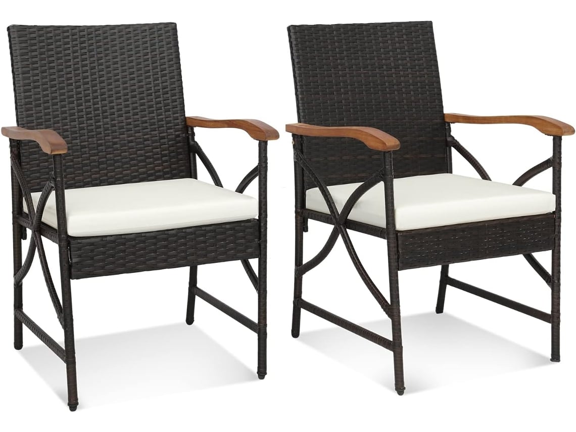 2 Silla Jardin Exterior con Cojín Suave con Cremallera, Marco de Metal Resistente, Sillas Terraza Mimbre