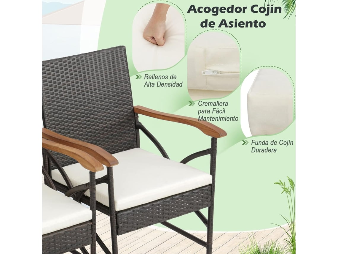 2 Silla Jardin Exterior con Cojín Suave con Cremallera, Marco de Metal Resistente, Sillas Terraza Mimbre